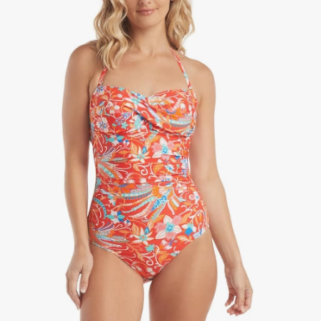 Helen Jon Twist Bandeau One-Piece Swimsuit In Liliana Coral Floral Size Large